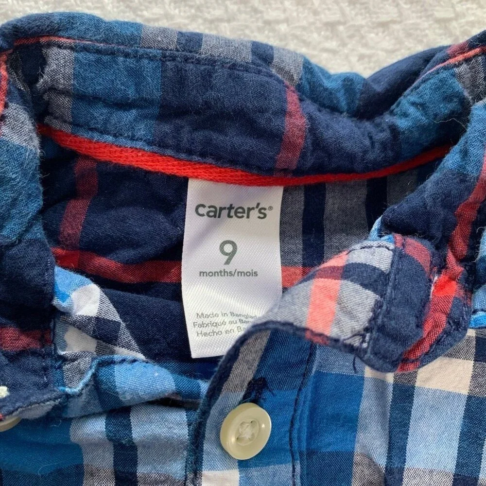 5/$25 Carter's 9 Months Blue Red Plaid Short Sleeve‎ Romper Button Front Cotton